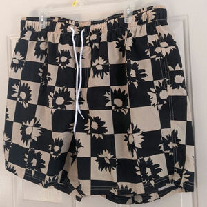 Urban Outfitters XXL Black & Cream Block Pattern Swim Trunks with Nesh Liner